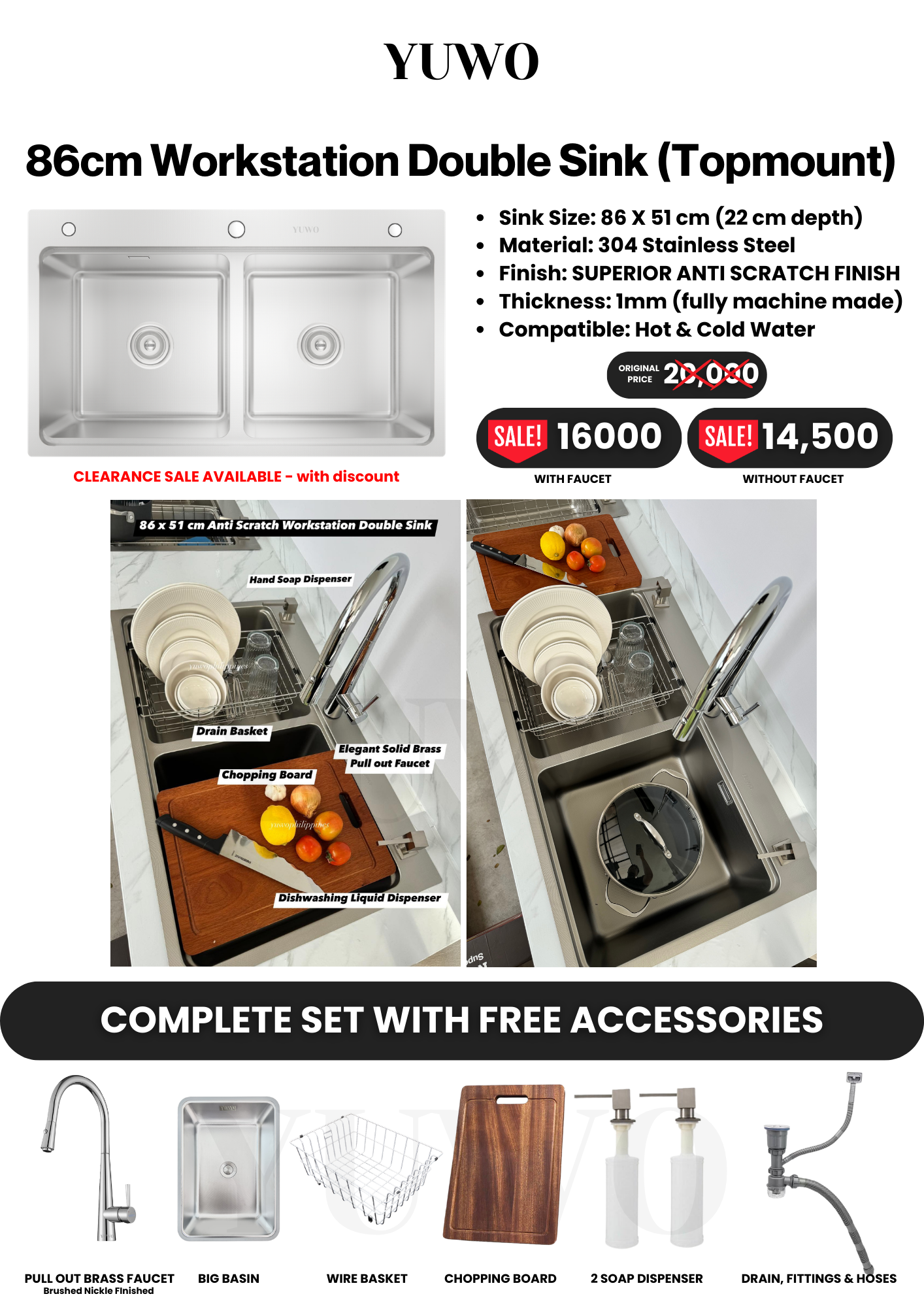 YUWO Anti Scratch Workstation Sink Complete Set with Free Accessories