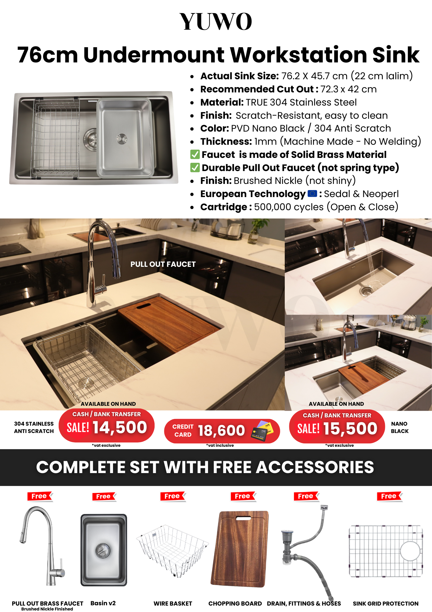 YUWO Anti Scratch Workstation Sink Complete Set with Free Accessories