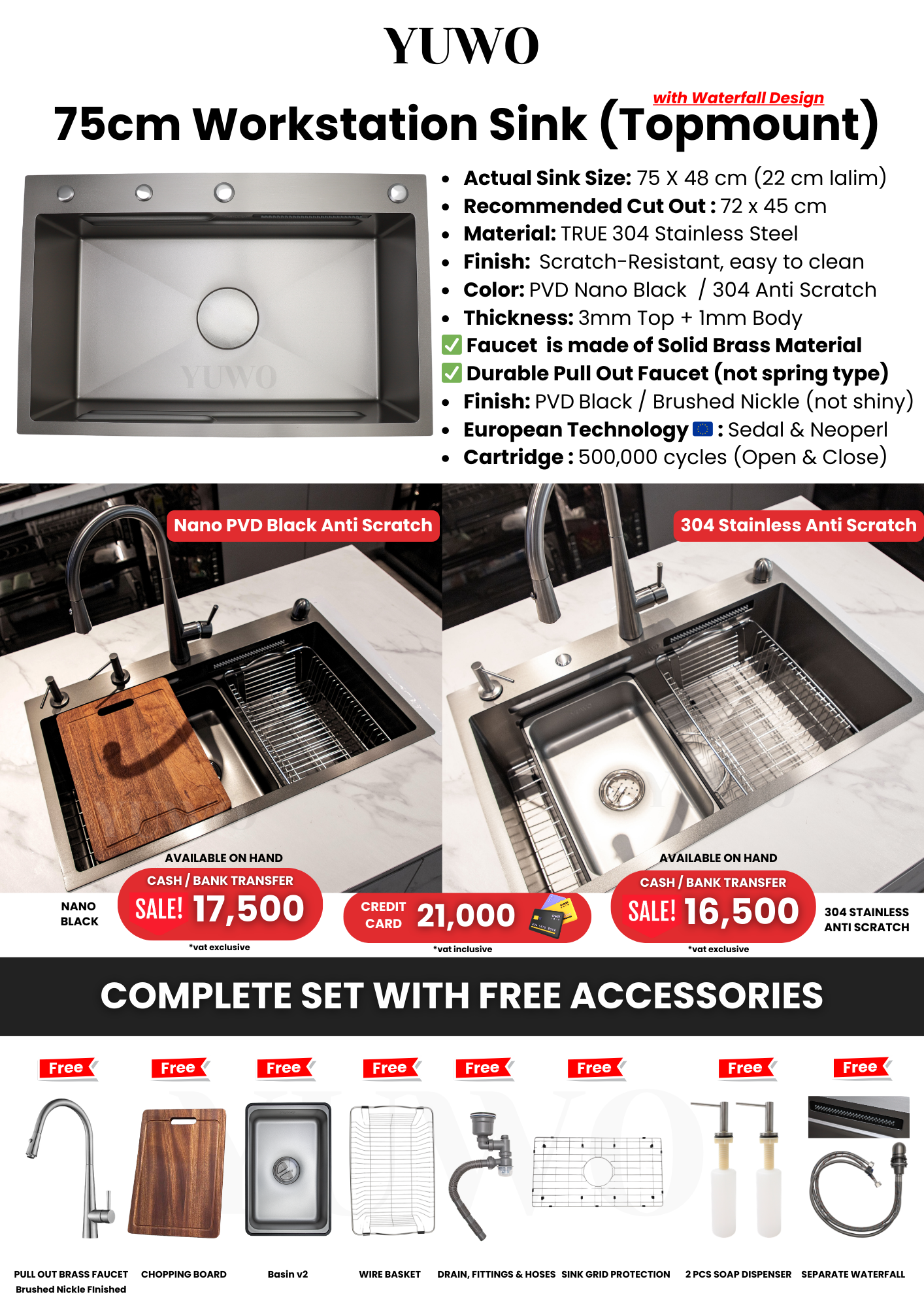 YUWO Modern Sink 75x48cm V2 – Elegant, Durable, Space-Saving