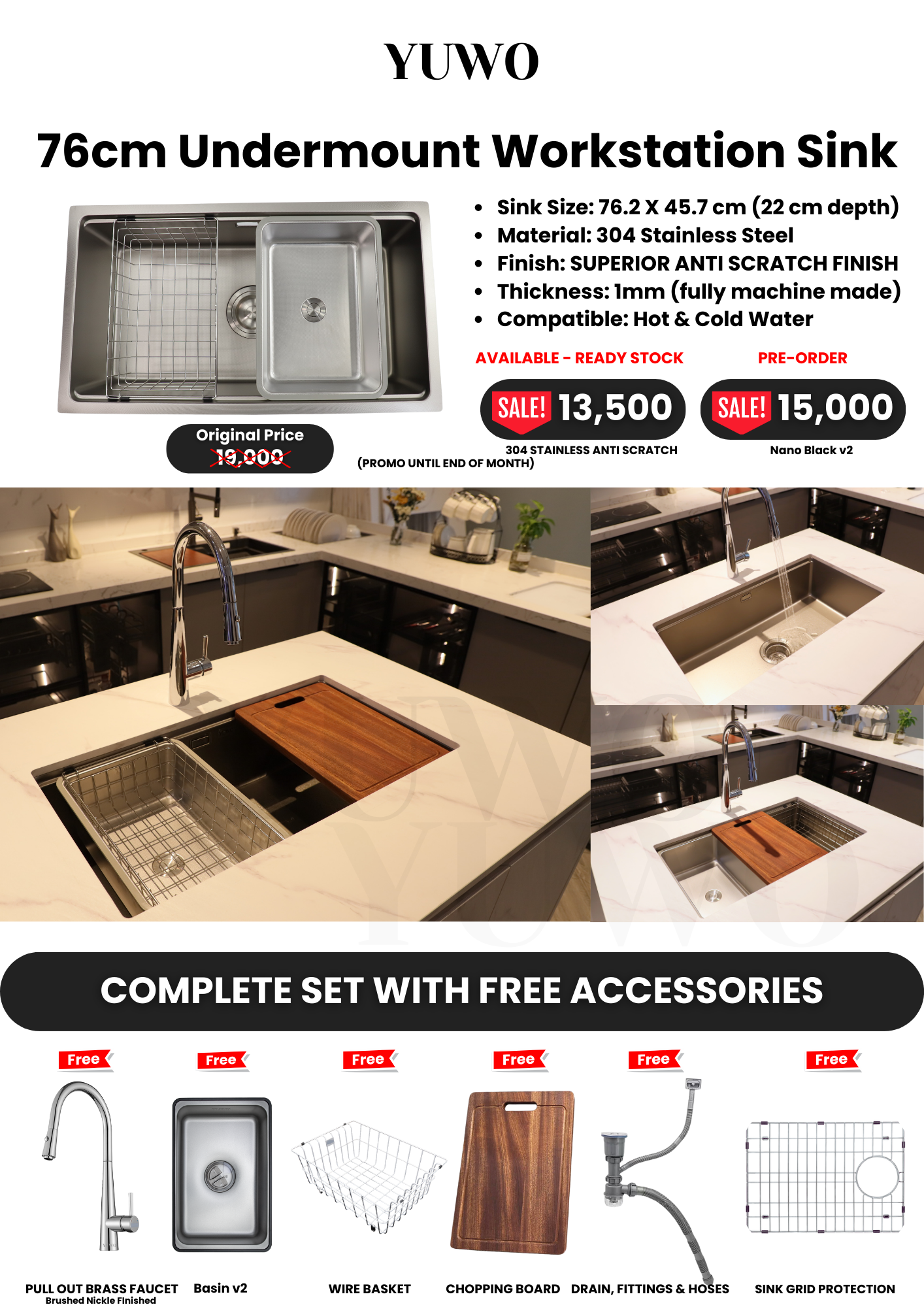 YUWO Anti Scratch Workstation Sink Complete Set with Free Accessories