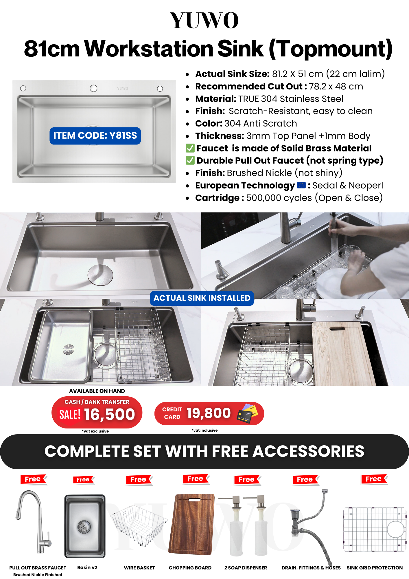 YUWO Anti Scratch Workstation Sink Complete Set with Free Accessories
