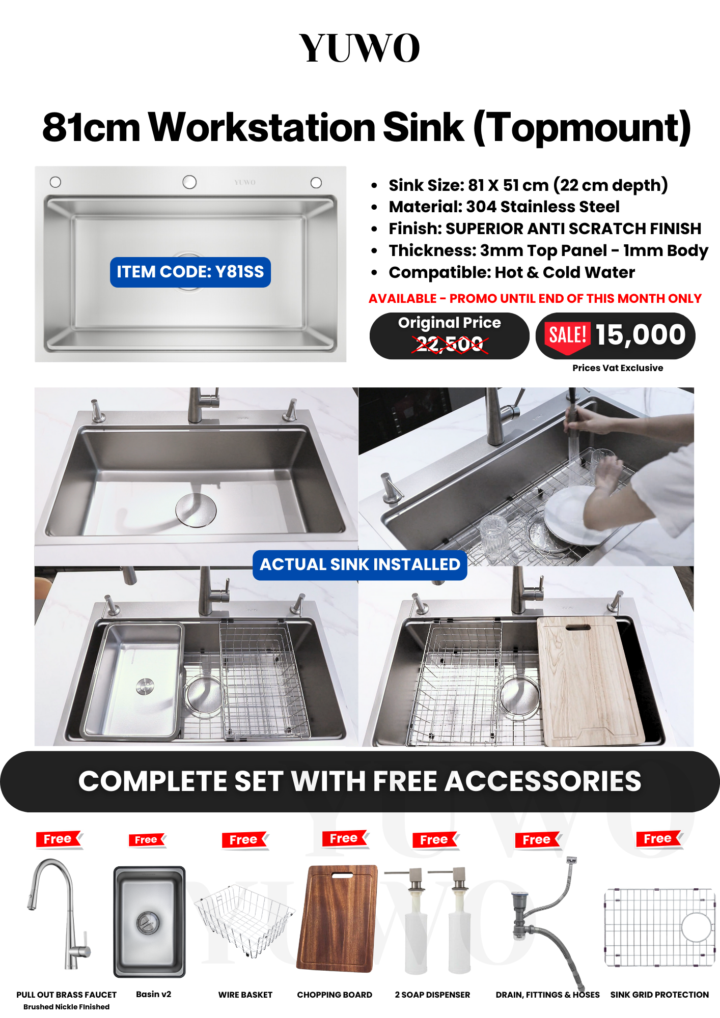 YUWO Anti Scratch Workstation Sink Complete Set with Free Accessories