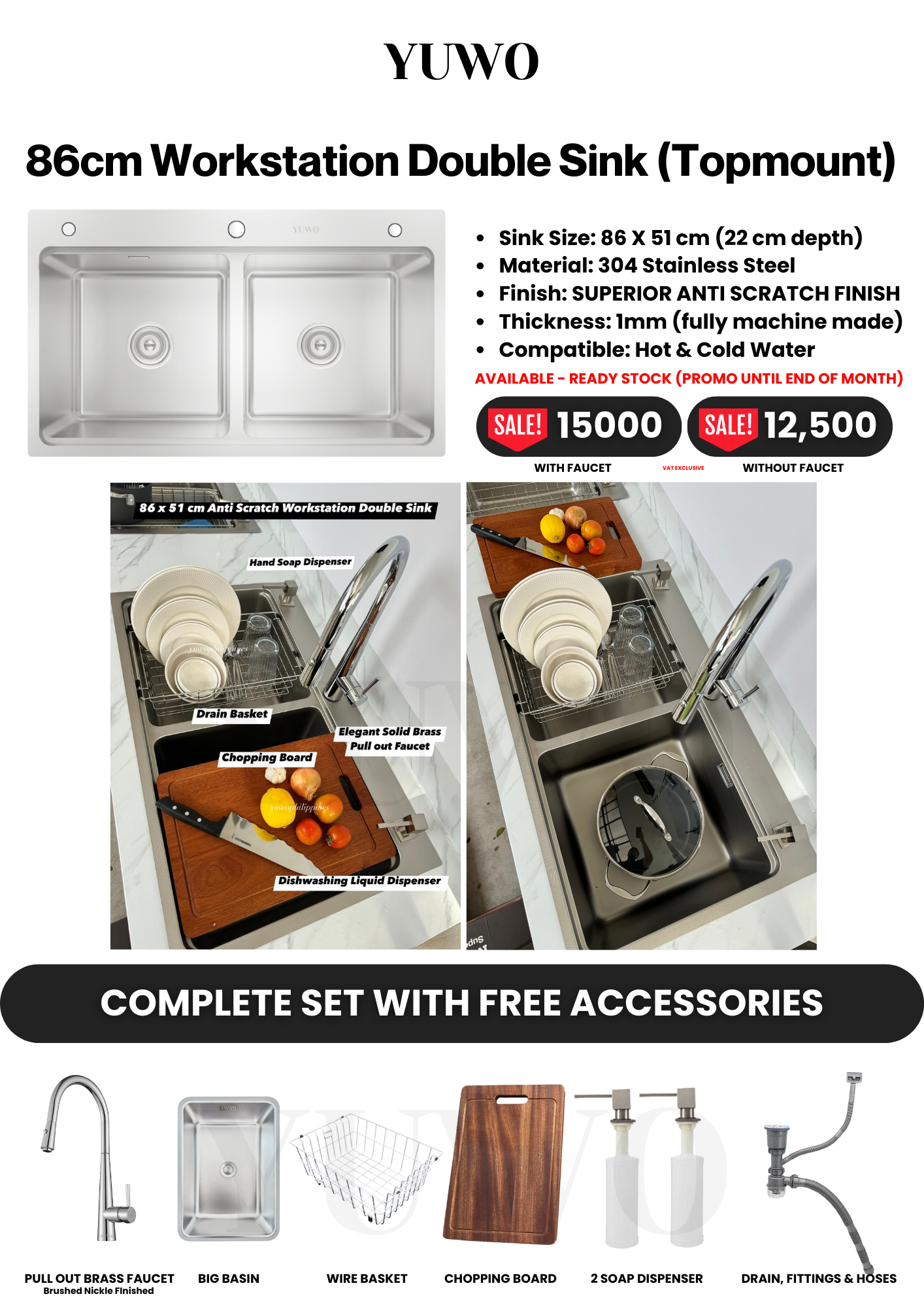 YUWO Anti Scratch Workstation Sink Complete Set with Free Accessories