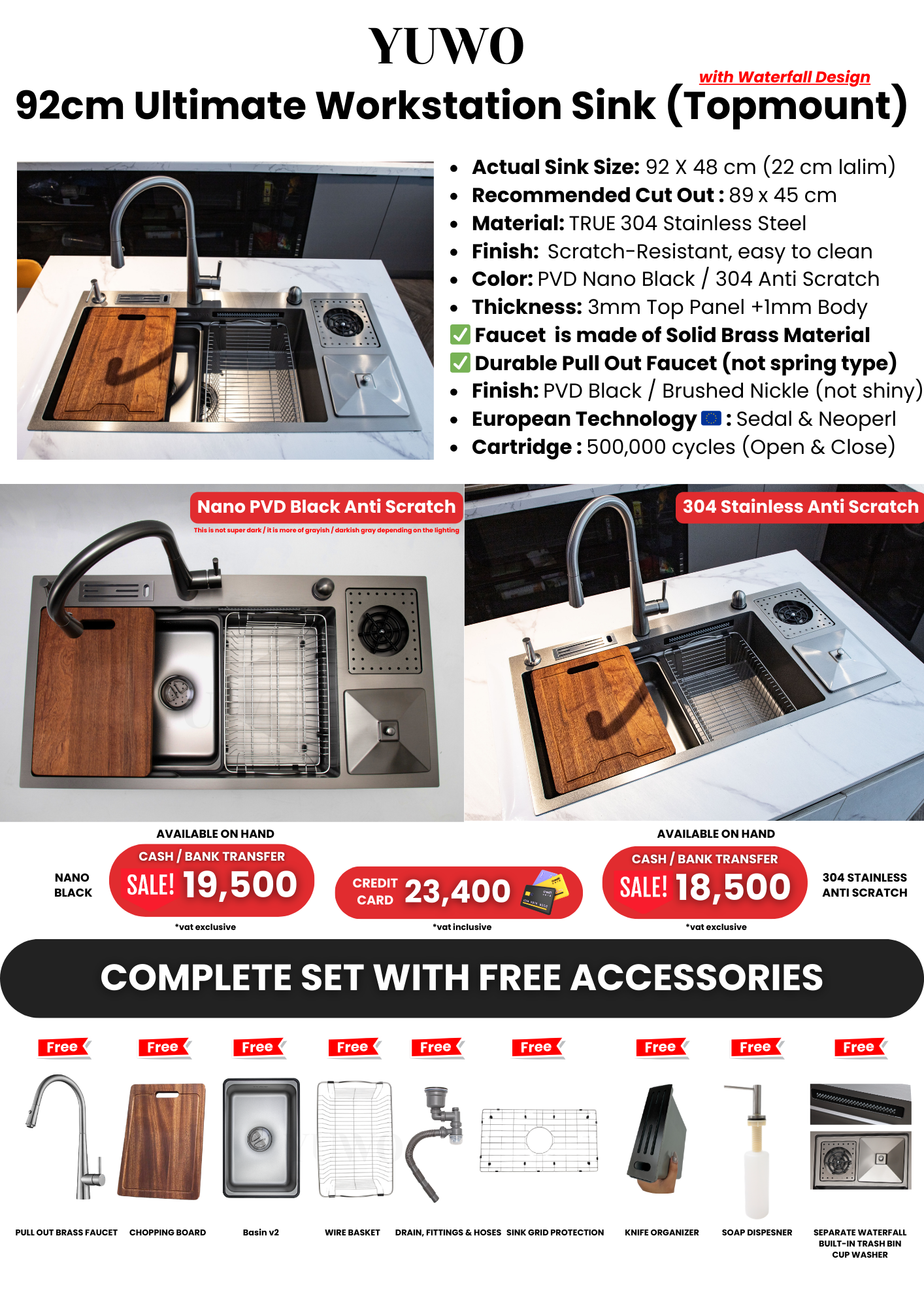 YUWO Ultimate Workstation Sink 92 x 48 cm Version 2