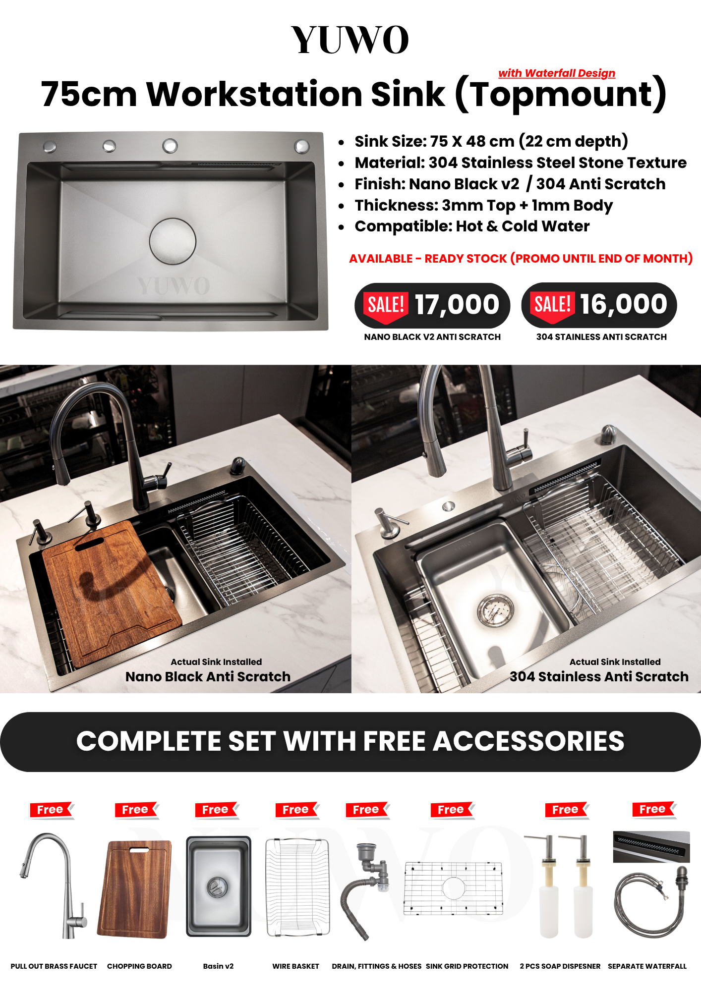 YUWO Modern Sink 75x48cm V2 – Elegant, Durable, Space-Saving